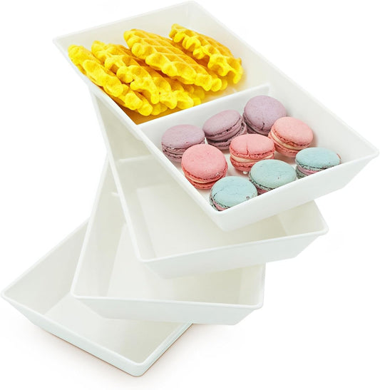 Divided Serving Tray Platter, 4 Pack 10" x 5" Fruit Veggie Food Tray for Party, Plastic Serving Trays for Appetizer, Snack, Dessert, Cookie, Brunch Decorations Platters, White Trays BPA-Free