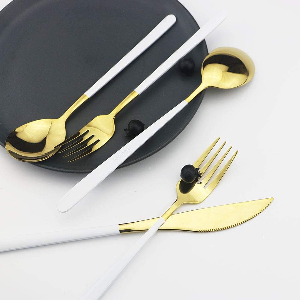 JASHII 20-Piece 304 Stainless Steel Silverware Set Luxury Flatware Cutlery Set Mirror Polished Service for 4 Include Knife Fork Spoon Dishwasher Safe (White gold)