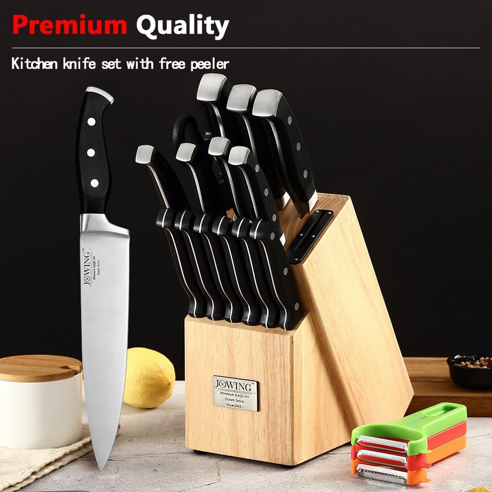 18-Piece Kitchen Chef's Knife Set Block Utensils Set with Peeler, German High Carbon Stainless Steel Razor-Sharp Blade with Ergonomic Handle, Professional Knife Block Set with Built-in Sharpener