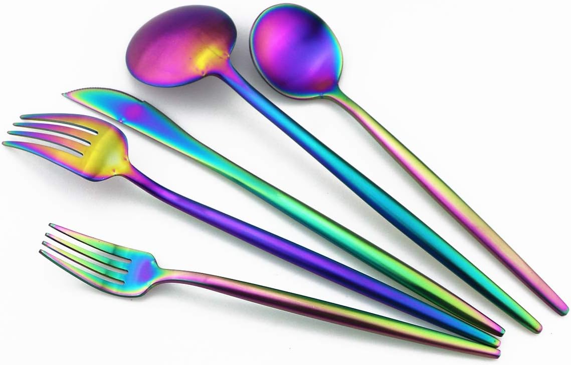 Matte Rainbow Silverware, Gugrida 5-Piece 18/10 Stainless Steel Flatware Set, Satin Finish Kitchen Utensils, Tableware Travel Cutlery for Camping, Office or School Lunch, Dishwasher Safe
