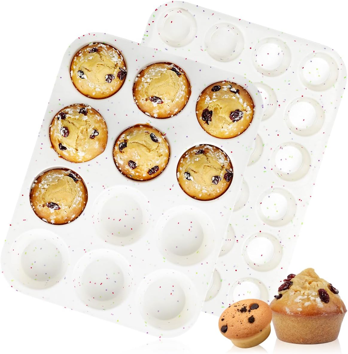 CAKETIME Silicone Muffin Pans for Baking, Regular 12 Cups and Mini 24 Cups Muffin Pan for Baking Egg Bites, Muffins, Cupcakes, Frittata Set of 2 Confetti