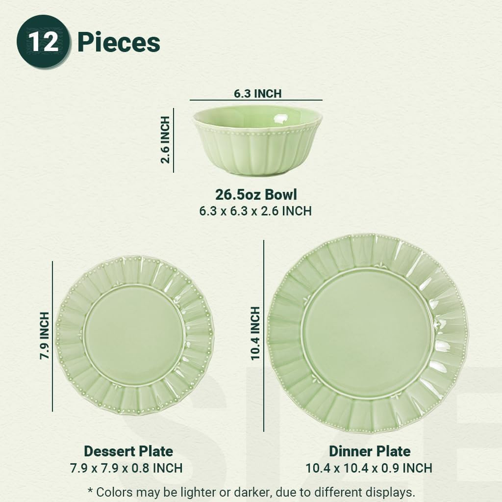 12 Piece plates and bowls sets for 4, Dinnerware set, Porcelain Dish Set, House gift, Microwave and Dishwasher Safe, Mint Glow Green