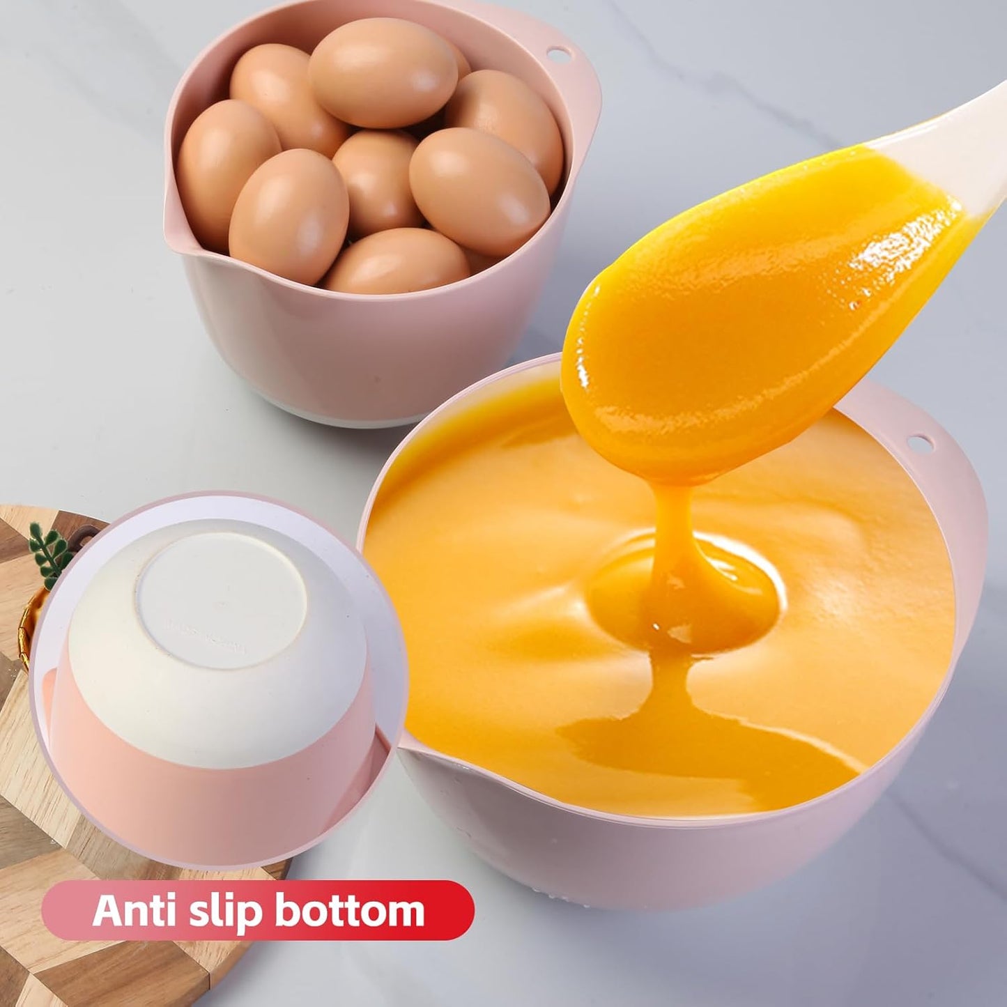 3 Mixing Bowls Set with Lids,Pour Spout and TPR Bottom, Plastic Nesting Bowl Use for Kitchen Cooking-Prep,Serving,Baking Bread Cake,Pancake,Waffle,Non-slip,Dishwasher Safe,3Qt,2Qt,1.5Qt,Pink