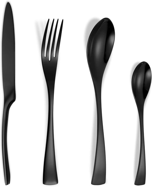 Lemeya 24-Piece Black Silverware Set for 6,Heavy Duty 18/10 Stainless Steel Cutlery Set with Forged Stand Knife,Modern Flatware Utensil Set,Forks Spoons and Knives Set,Mirror Polished,Dishwasher Safe