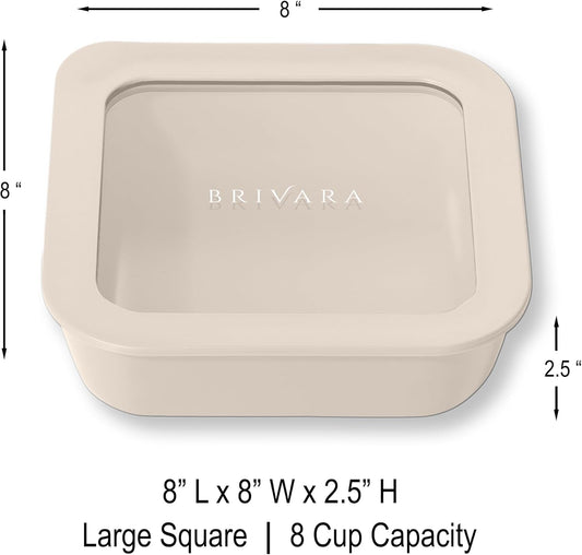 Ceramic Coated Glass Food Storage Container | No PTFE, PFOA, PFAS, and BPA | Reusable Non Toxic Meal Prep Container with Glass Lid | Easy To Store | 8 Cup Square [Crema]