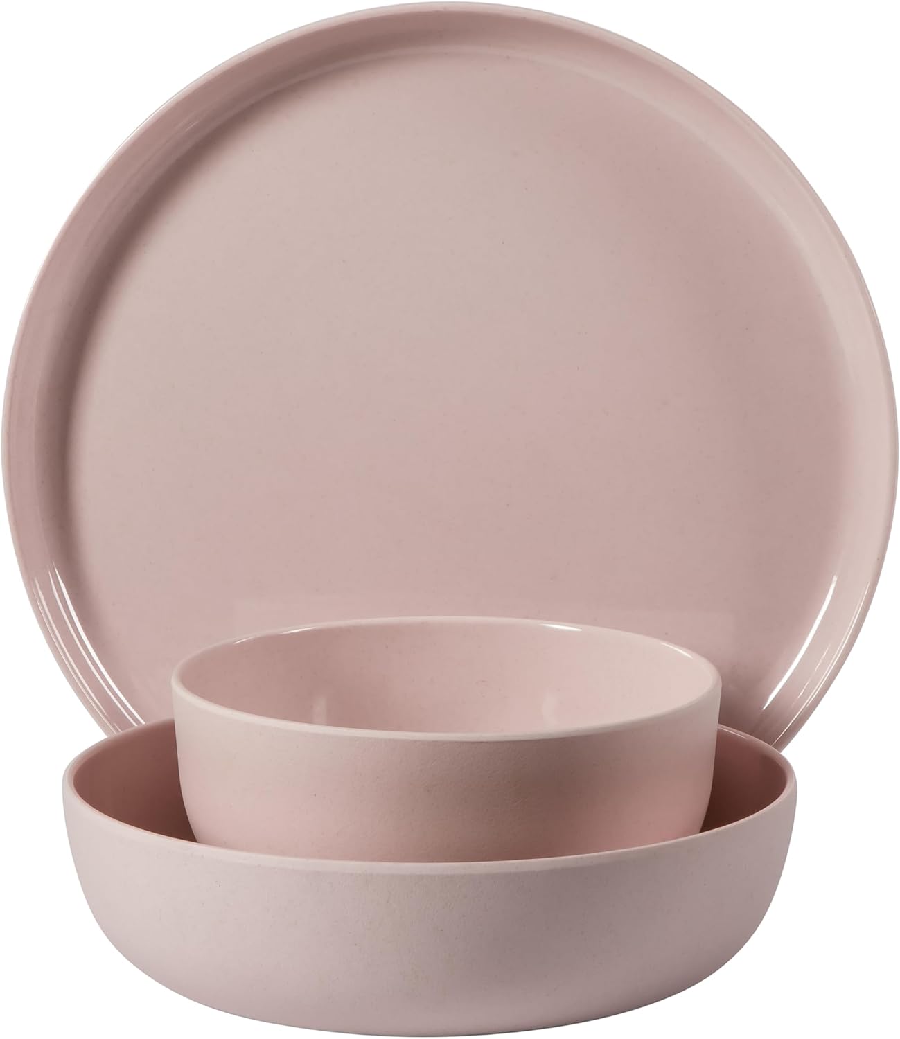 Gibson Home Candy Skies 12 Piece Unbreakable Wheat Straw Melamine Plates and Bowls Dinnerware Set - Outdoor, Camping, & Everyday Use - Matte Exterior/Shiny Interior Pink