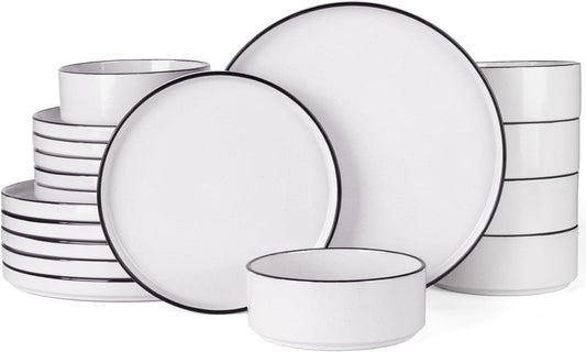 Famiware Nebula Plates and Bowls Sets, 18 Pieces Dinnerware Sets, Dishes Set for 6, White with Black Rim