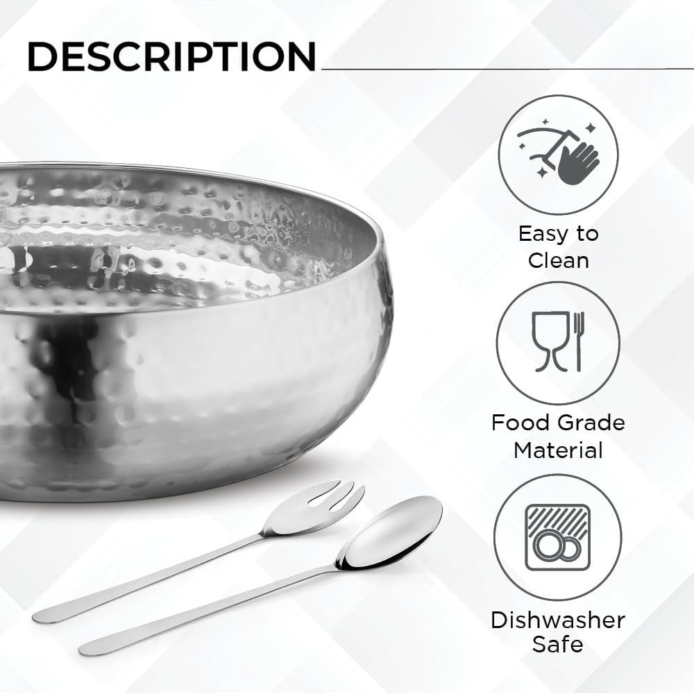 Avador® Set of 3 Premium Stainless Steel Salad Mixing Bowl Hammered Finish | Handmade | Includes Salad Serving Utensils (Stainless Steel)