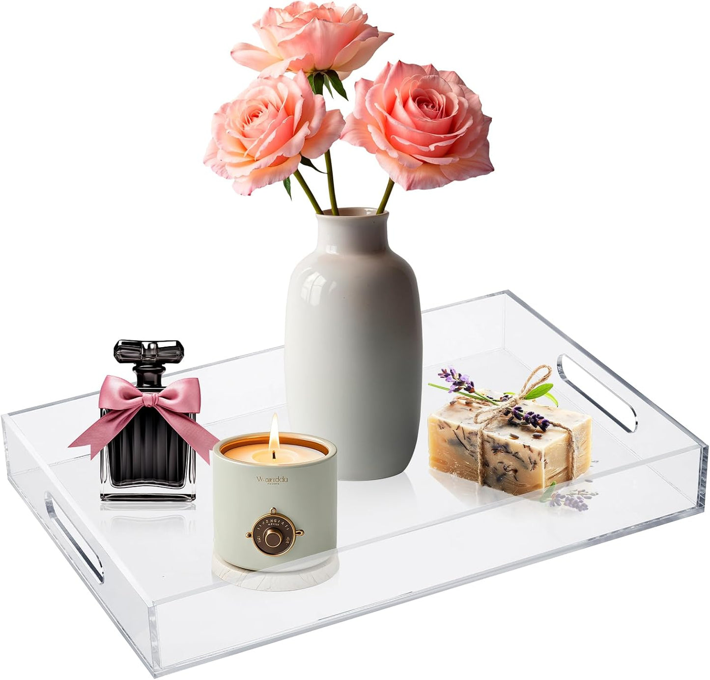 MYFULLY Clear Acrylic Serving Tray 10”x15”, Spill-Proof Decorative Serving Trays with Handles for Coffee Table, Bathroom, Kitchen, and Countertop Storage