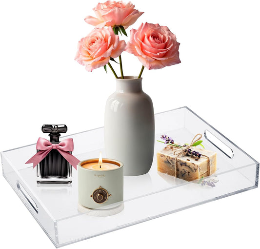 MYFULLY Clear Acrylic Serving Tray 10”x15”, Spill-Proof Decorative Serving Trays with Handles for Coffee Table, Bathroom, Kitchen, and Countertop Storage