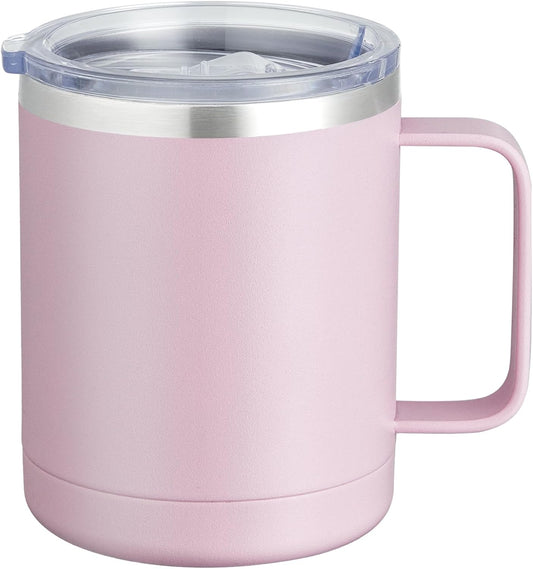 MEWAY 12oz Coffee Mug With Handle and Sliding Lid,Stainless Steel Travel Tumbler Cup with Handle,Double Wall Vacuum Insulated Camping Cup for Hot & Cold Drinks Tea (Pink,Set of 1)