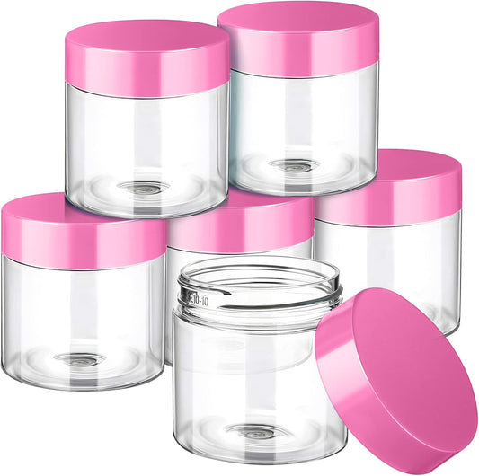 SATINIOR 6 Pack 2 oz Plastic Jars Containers with Lids Wide-mouth Refillable Leakproof Reusable Round Empty Jars for Travel Cosmetic Dry Food Spice Candy Cookie Home Kitchen Organizing(Pink)