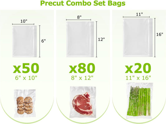 Bonsenkitchen Precut Vacuum Sealer Bags, 20 Gallon 11" x 16"+ 80 Quart 8" x 12"+ 50 Pint 6" x 10", Commercial Grade, BPA Free, Food Sealer Bags for Vac Storage, Meal Prep or Sous Vide Cooking, VB15