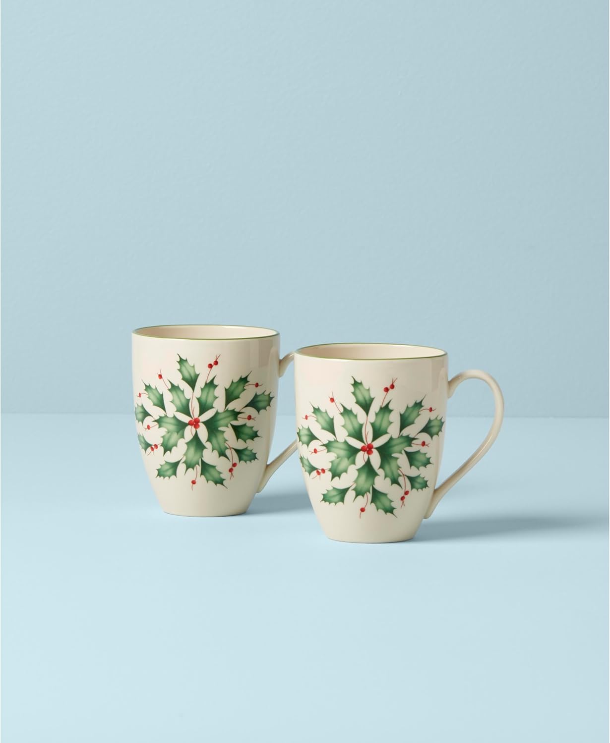 Lenox Coffee Mugs, Hosting The Holidays 2-Piece Holly 14 Oz Mug Set, Ivory Porcelain, Dishwasher and Microwave Safe, Christmas Holly Drinkware Set, Christmas Decorations (White/Green, 14 Oz, 2 Pieces)