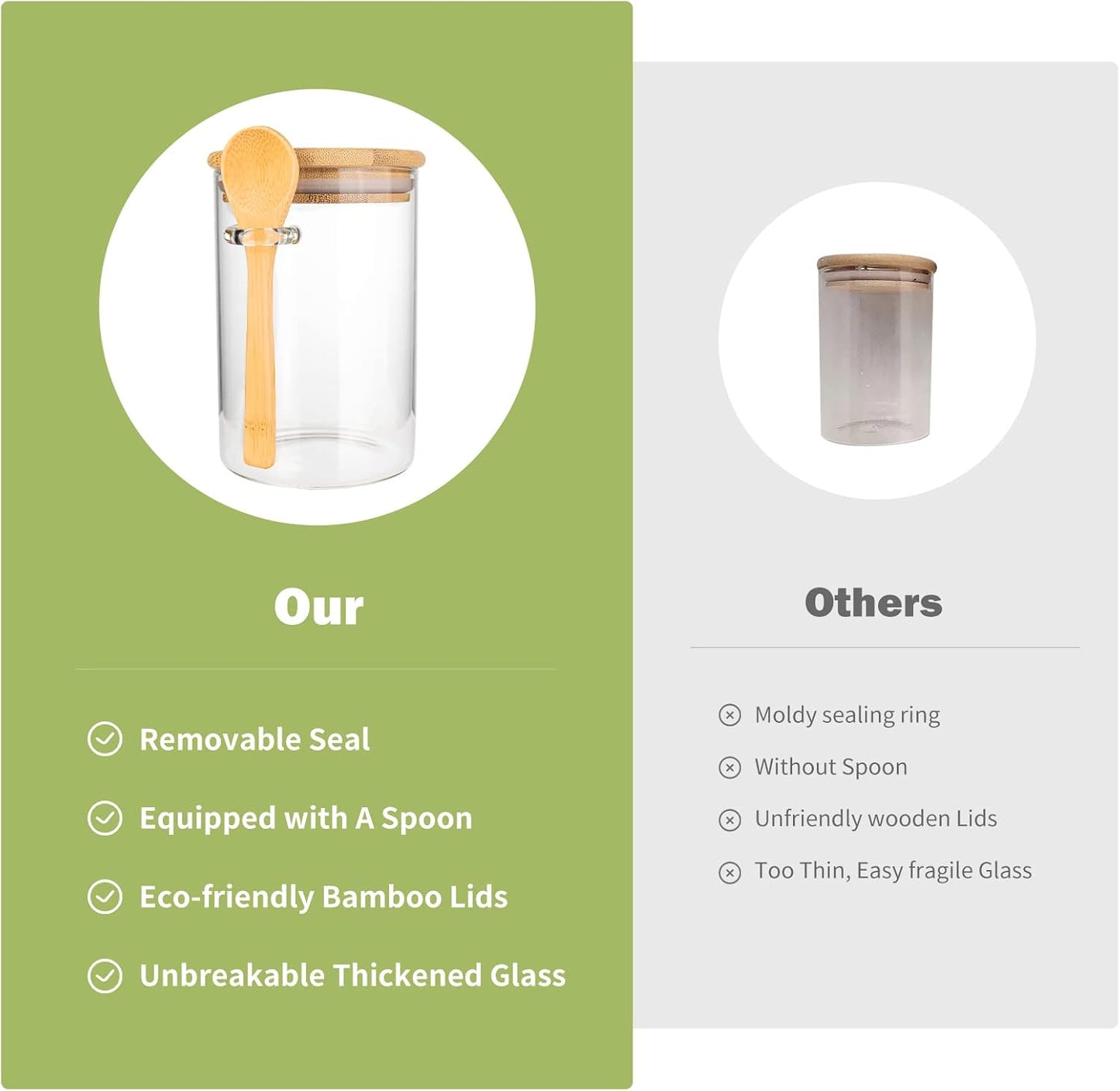 Airtight Food Storage Containers, Glass Canister With Wooden Spoon and Lids, 20 Oz Jars for Serving Bath Salt, Sugar, Spice, Coffee, Tea, Cereals, Condiment (2 Set)