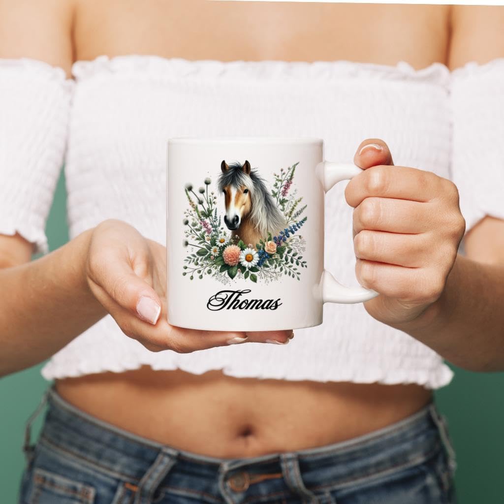 Horse Lover’s Custom Ceramic Mug 11oz 15oz - Personalized Name Animal Coffee Cup with Floral Horse Art - Unique Equestrian Coffee and Tea Cup
