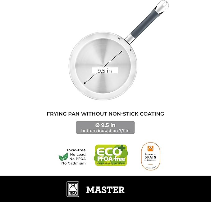 BRA COOKWARE Master 2 Frying Pan Set | 9.5 + 11 inches Professional Skillets | Stainless Steel Frypan | All Stovetop Compatible - Full Induction Skillet | PFAS Free | w/o Non-Stick | Shiny Finish