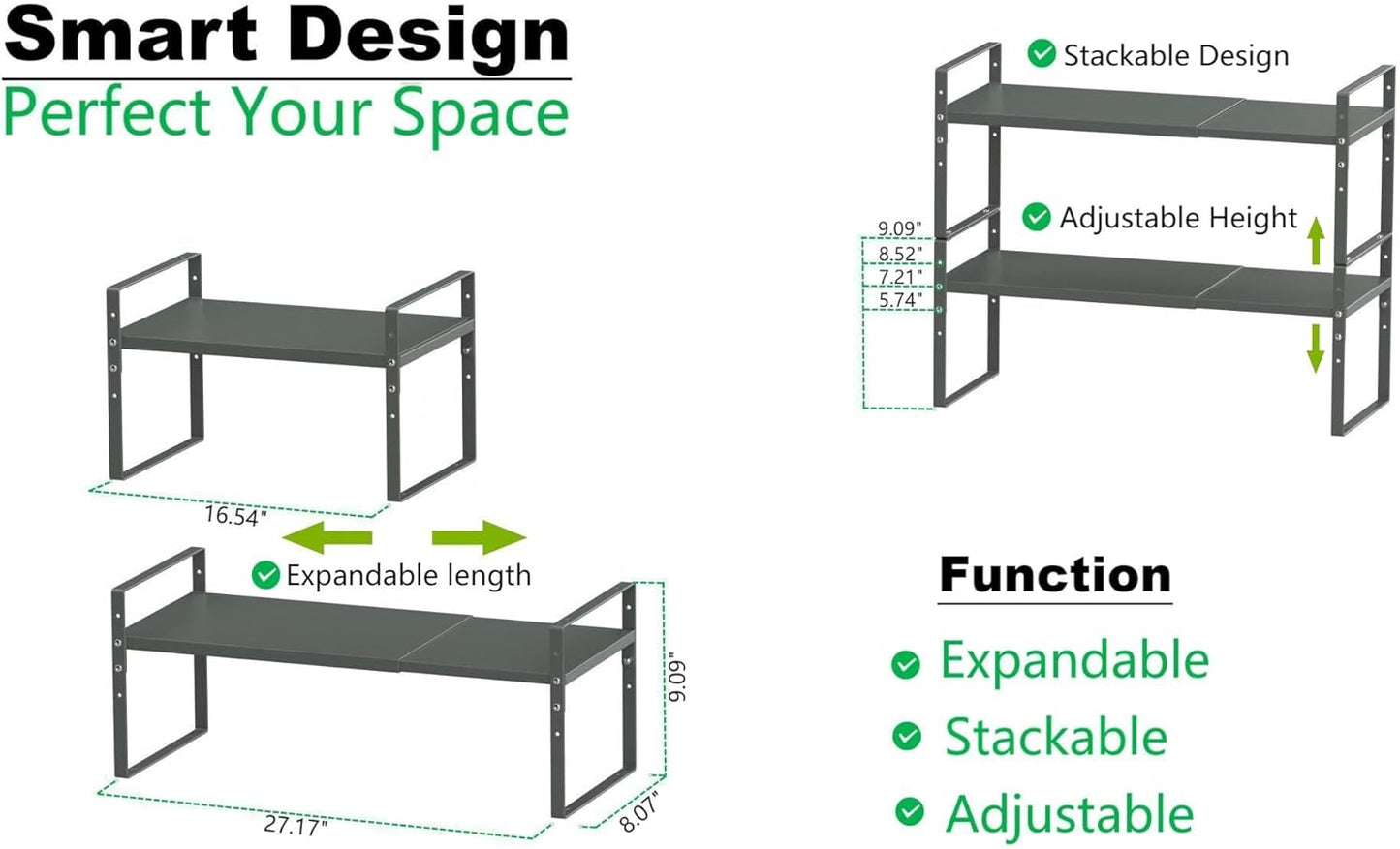 Expandable Stackable Spice Rack Cabinet Shelf Organizer in Cabinets Shelves Kitchen Cupboard Organization Stack up Racks Pantry Countertop Storage (Gun-Gray, Medium 1 Pack G)
