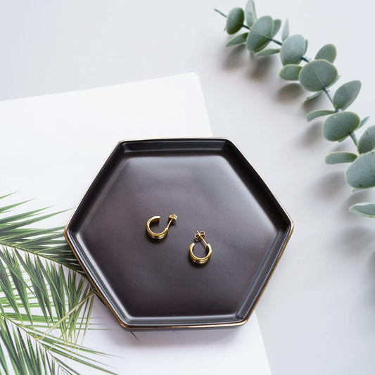 4.7 inch Ceramic Jewelry Dish Tray, Small Ring Holder Dish, Black Catch All Trinket Tray for Keys Rings Earrings