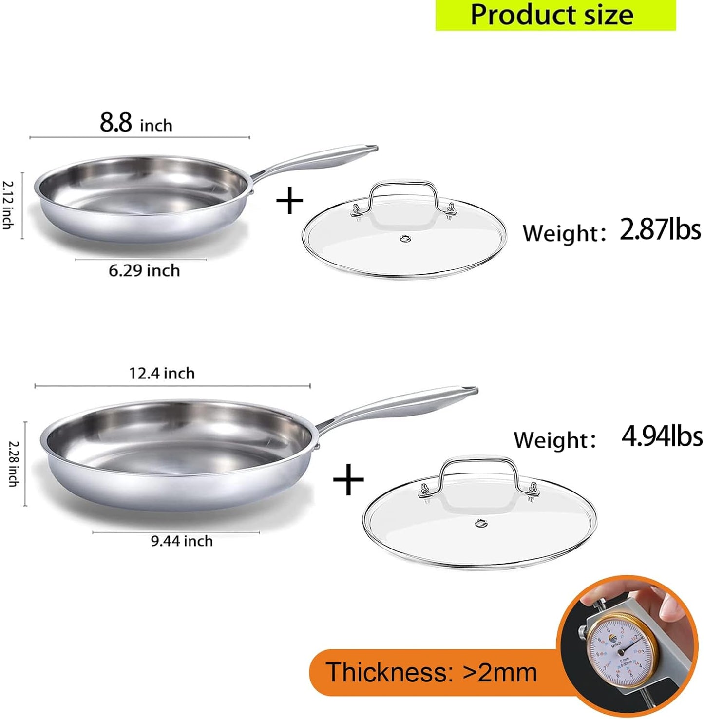 DELARLO Tri-ply Stainless Steel Frying Pan Set with Lid 8" 12" Induction large Skillets Chef's Pan,Pots and Pans Set Kitchen Cookware Set Suitable for All Stove