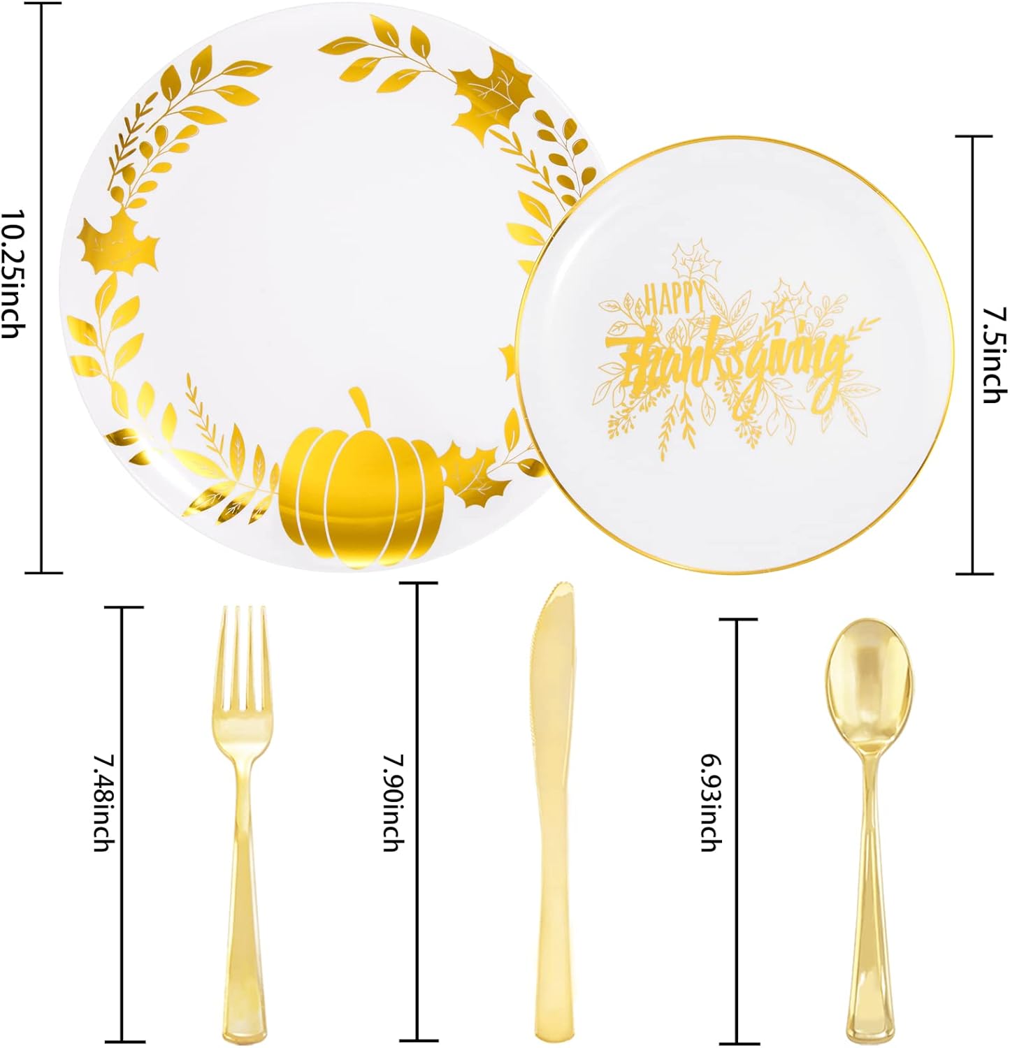 Ciaell 125PCS Thanksgiving Plastic Plate - White and Gold Plastic Plate & Gold Disposed Silverware include 25 Pumpkin Plates, 25 Fall Plates, 25Knives, 25Forks, 25Spoons for Thanksgiving & Party