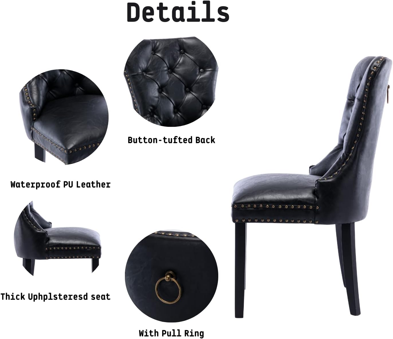 Black Leather Dining Chairs Set of 4 Mid Century Modern Tufted Chairs Armless Rubber Wood Vintage Furniture Chairs PU Upholstered Nailhead Side Chairs with Pull Ring for Kitchen/Cafe
