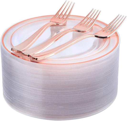I00000 72 Pcs Rose Gold Plastic Dessert Plates7.5& 70 Pcs Plastic Forks7.4, Premium Salad Plates, Heavy Duty Disposable Plate for Party,Disposable Appetizer Plates Great for Wedding