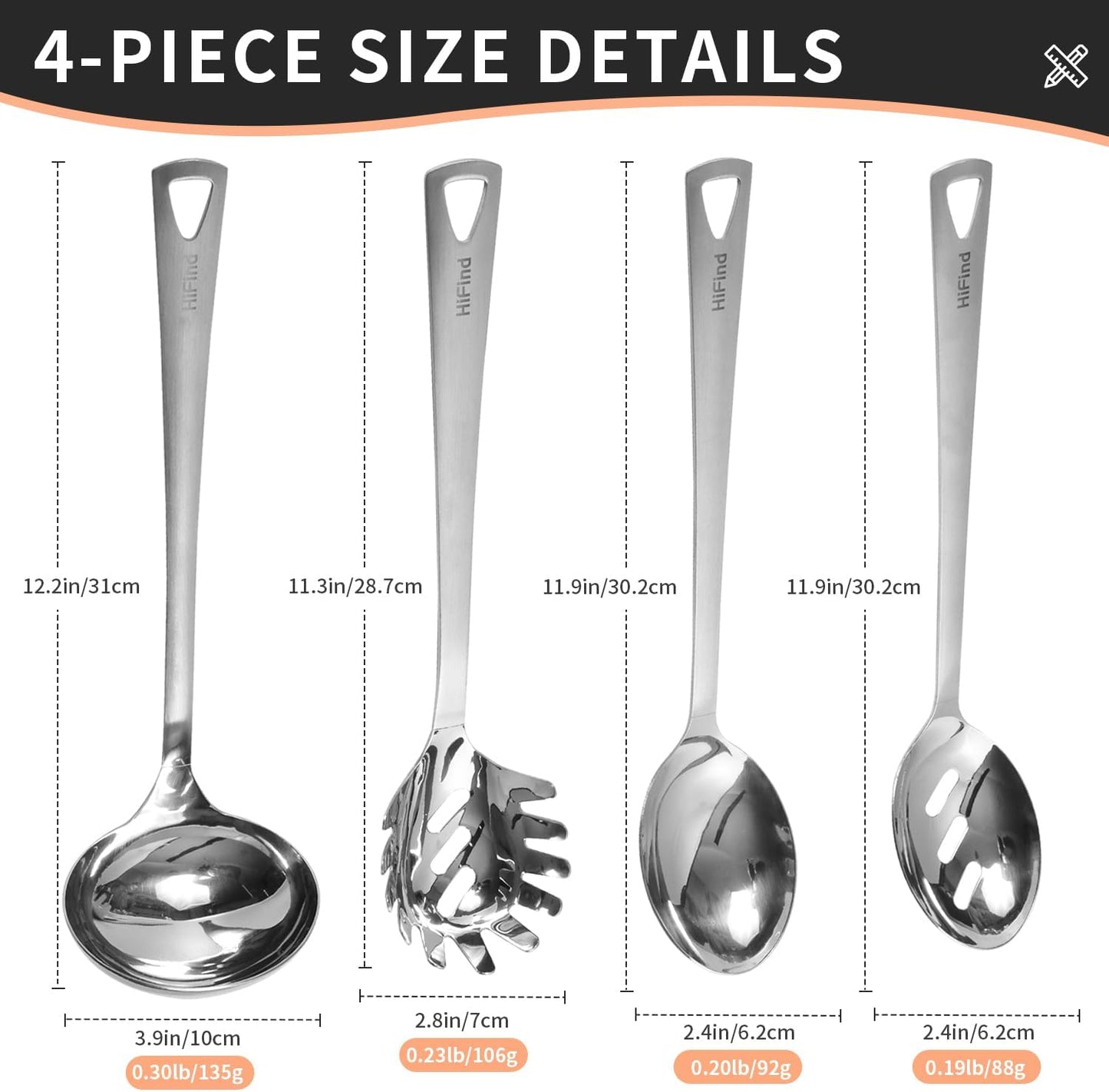 4PCS Cooking Utensils Set, Stainless Steel Kitchen Utensils Set, Durable Kitchenware Set for Cooking, Utensils Set with Slotted Serving Spoon, Spaghetti Fork, Ladle, Solid Serving Spoon