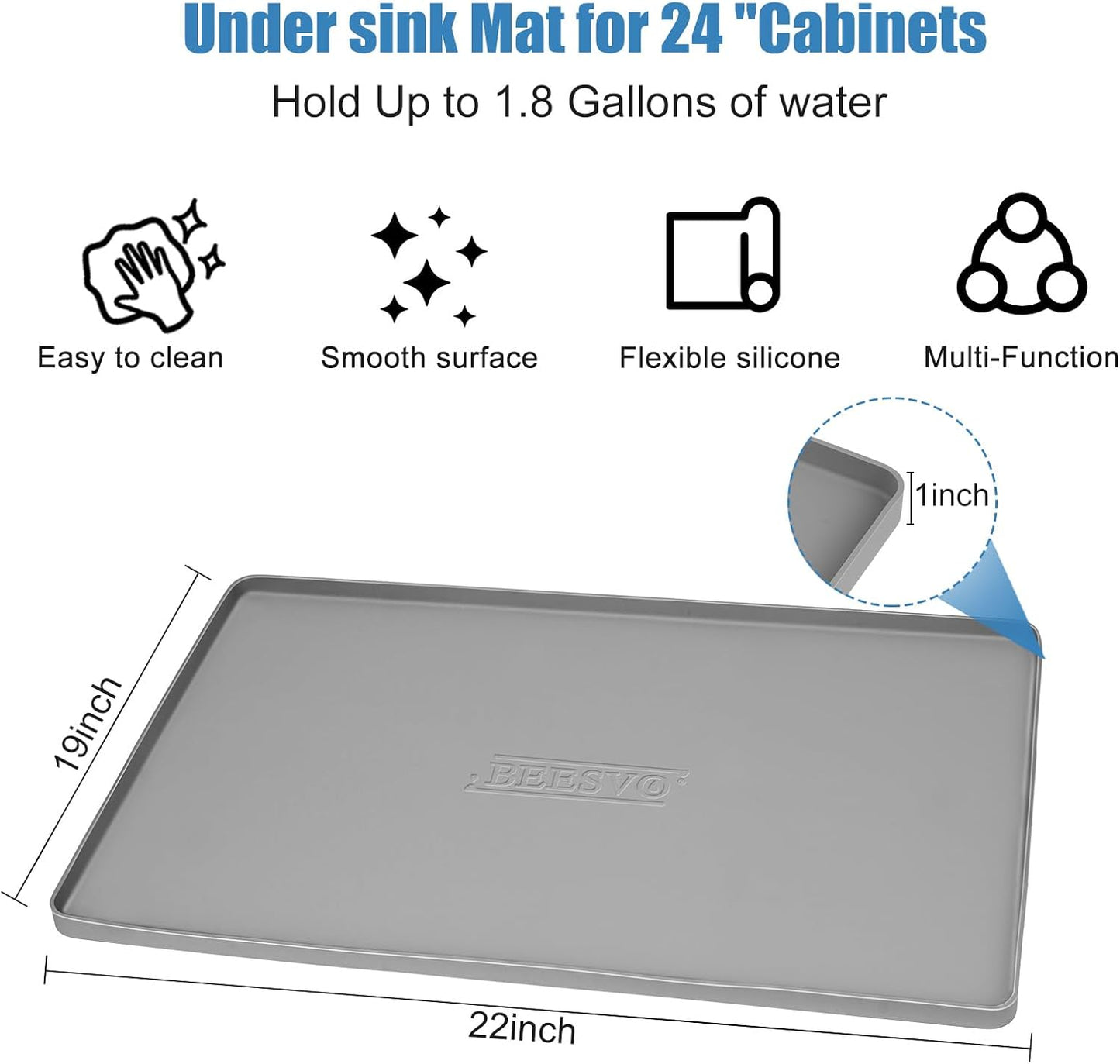 Under Sink Mat for Kitchen Waterproof, 22" x 19" Silicone Under Sink Liner Kitchen & Bathroom Cabinet Protector Mats, Heavy Duty Flexible Under Sink Drip Tray with Lip, Cool Grey