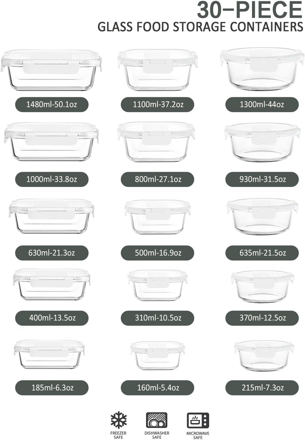 30 Pieces Glass Food Storage Containers with Upgraded Snap Locking Lids,Glass Meal Prep Containers Set - Airtight Lunch Containers, Microwave, Oven, Freezer and Dishwasher Friendly (White)