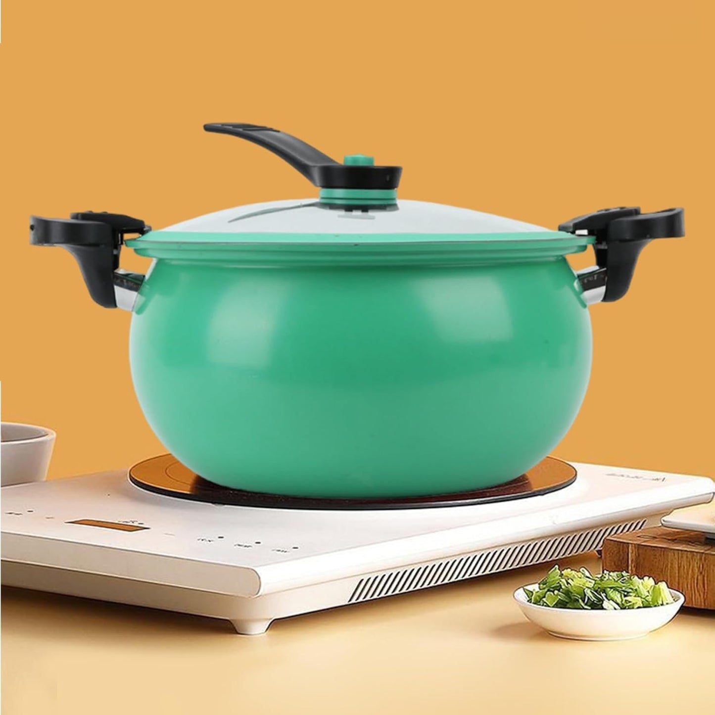 Micro Pressure Pot, 11inch Fast Heating Mini Pressure Cooker with Lock Handle, Non-stick Micro Stockpot for Gas, Induction (Green)