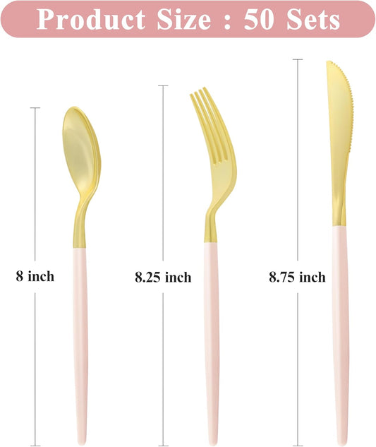 150 PCS Pink Gold Plastic Utensils for 50 Guests, Gold Disposable Silverware with 50 Knives, 50 Spoons and 50 Forks, BPA Free, Ideal for Weddings, Birthdays & Graduation