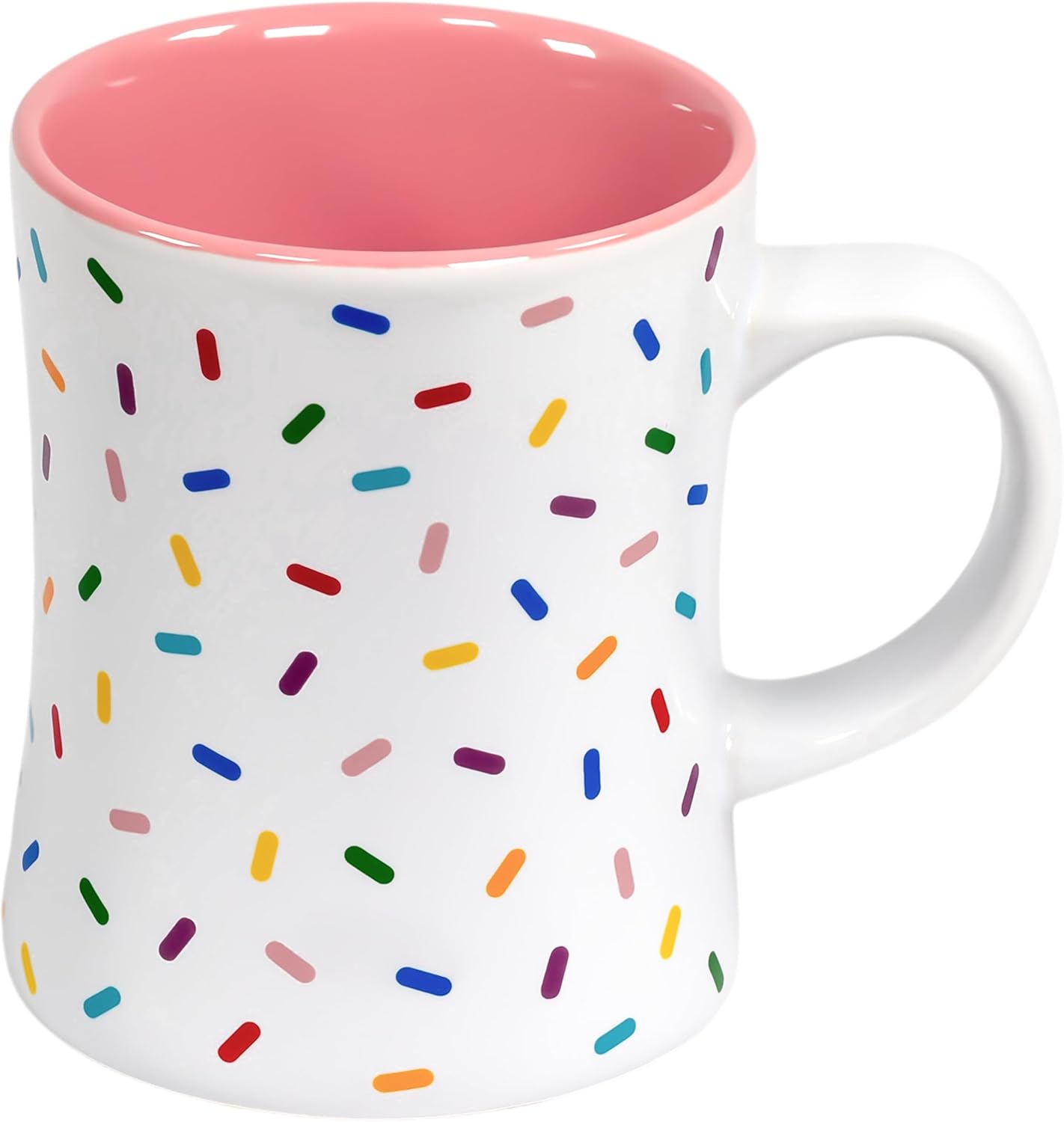 Mug | Rose Pink Cute Coffee Mug with Rainbow Sprinkles | Birthday Cake Coffee Cup Gift | White Ceramic Cup with Green, Yellow, Red, Pink, and Blue Sprinkles | Fun Colorful Pattern