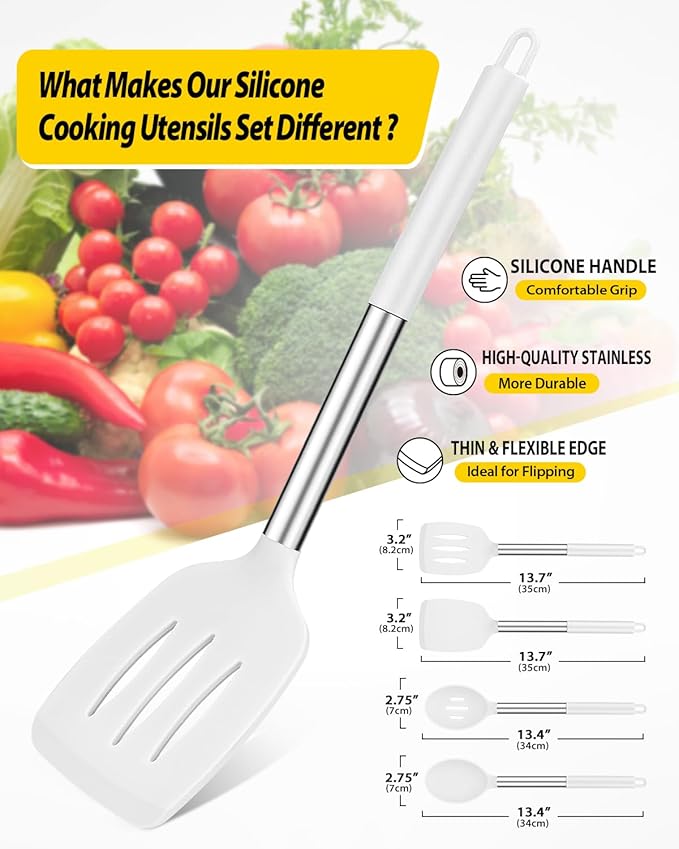 Pack of 4 Silicone Cooking Utensils Set, Non Stick Large Solid Spatulas, Heat Resistant Slotted Spoons, Ideal BPA Free Kitchen Turners for Frying, Mixing,Serving,Draining,Turning,Stirring (WHITE)