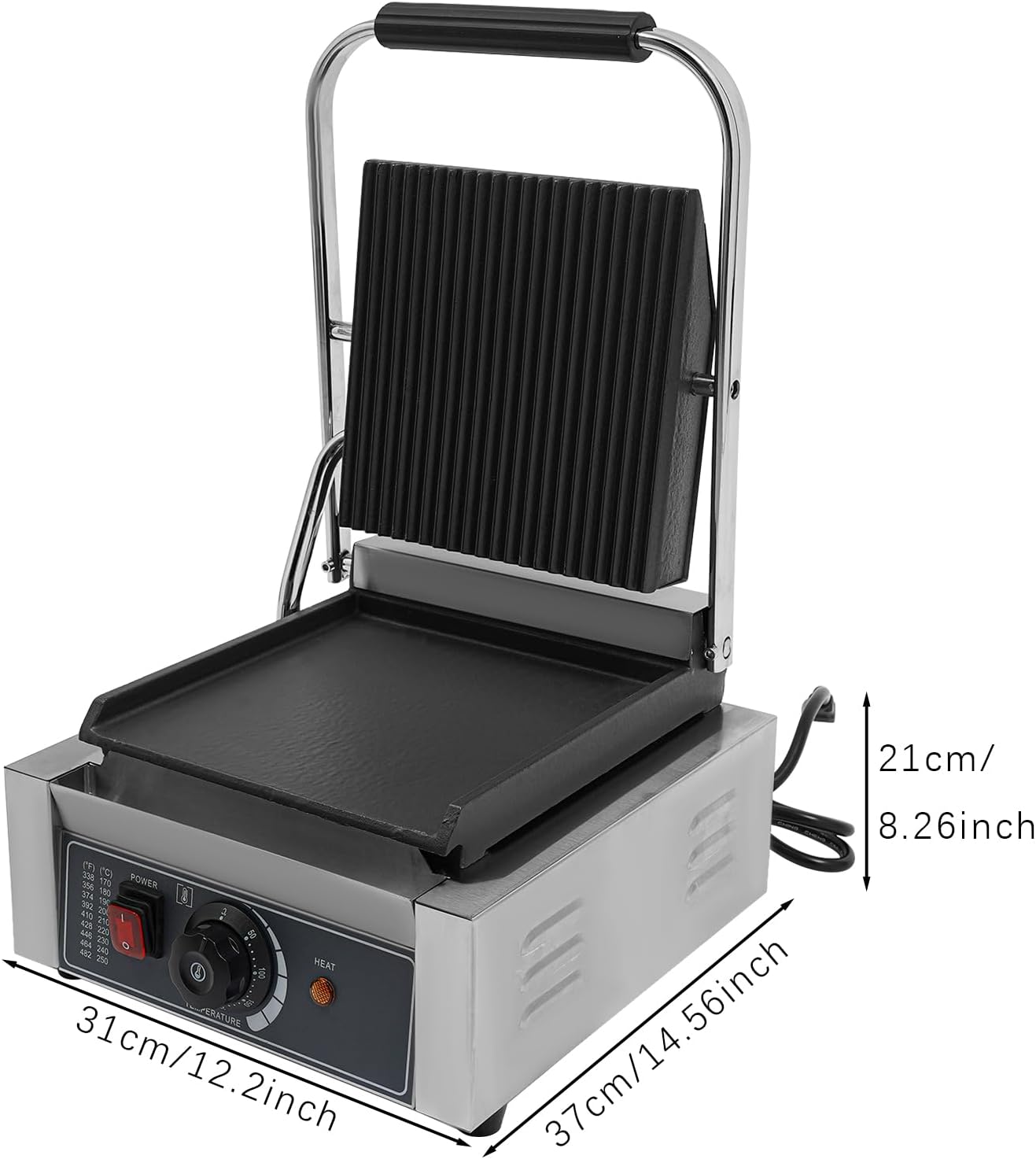 1800W Electric Sandwich Panini Press Grill, 110V Commercial Panini Press Sandwich Maker Machine 122°F-572°F Double-sided Heating Non-Stick Half Grooved Plates for Paninis Hamburgers Steaks Bacons