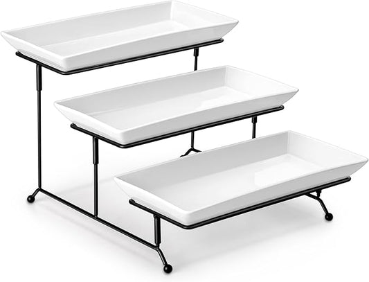 MALACASA 3 Tier Serving Trays for Party, Porcelain Serving Platters and Trays, 12 Inch Tiered Tray Stand, Fruit Tray, Trays for Serving Food, White Dessert Stand with Collapsible Sturdier Metal Rack