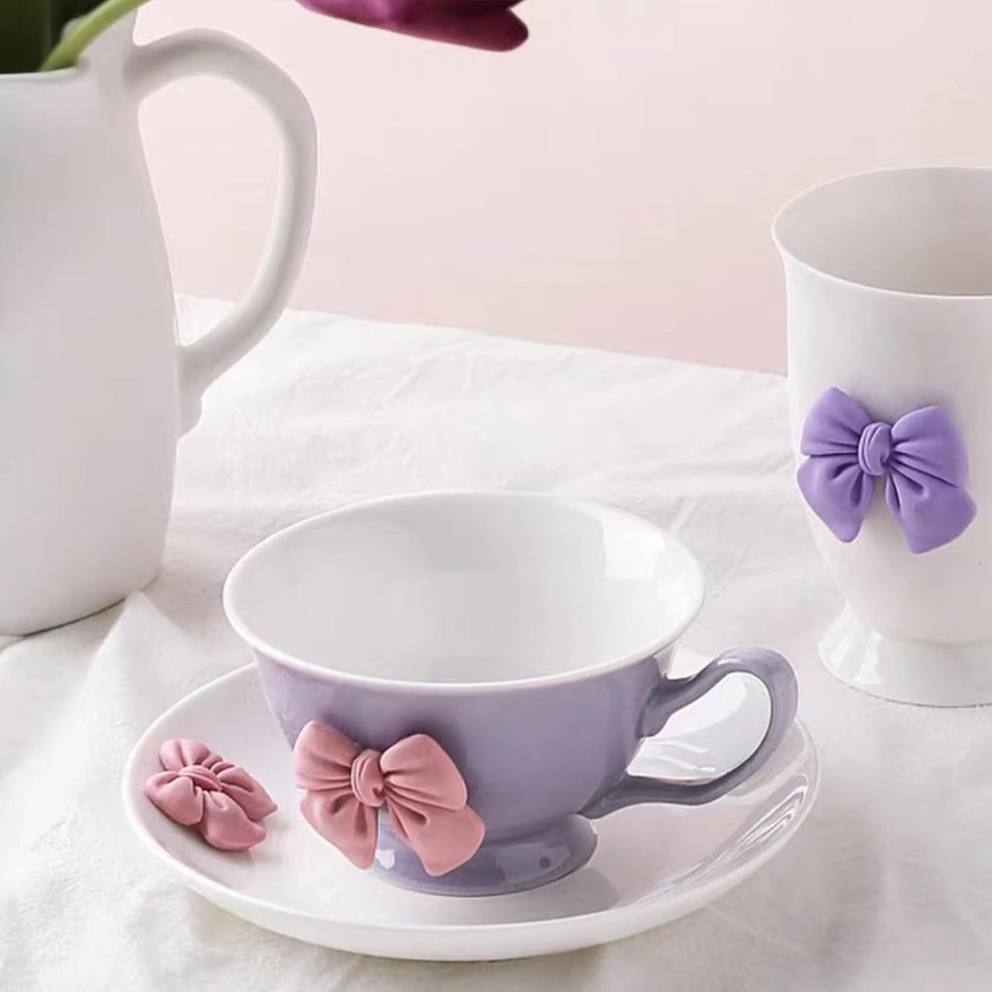 200 ML Violet Bow Coffee Mugs Set with Saucer Coquette Mug Porcelain Coffee Tea Cup Bow Cute Mug for Women Girl
