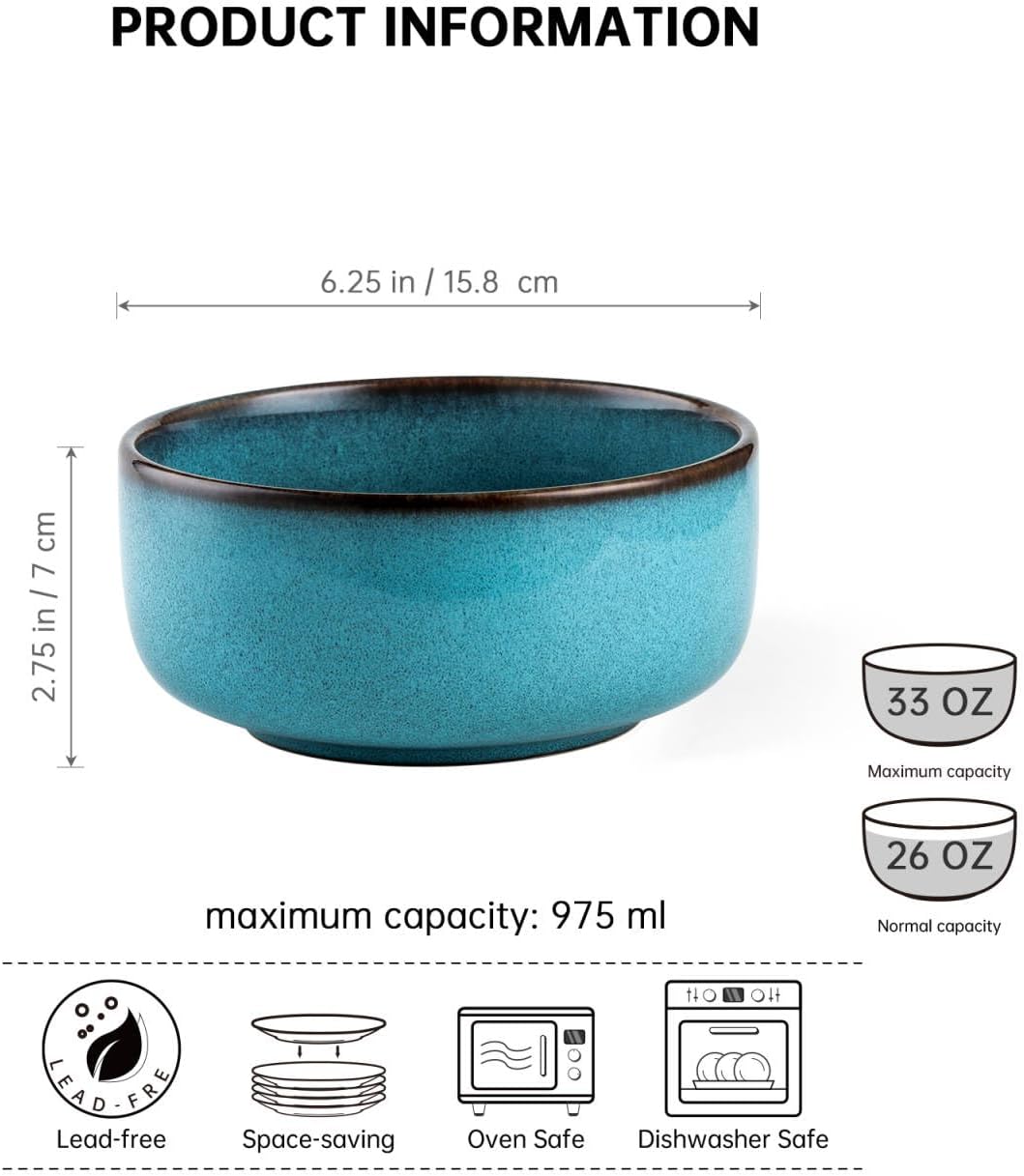 Henten Home Ceramic Cereal Bowl Set, 26 OZ Noodle Bowls Set of 4, Porcelain Salad Bowls for Kitchen, Reactive Glaze Serving Soup Bowls for Ramen, Oatmeal, Microwave Safe (Aqua)