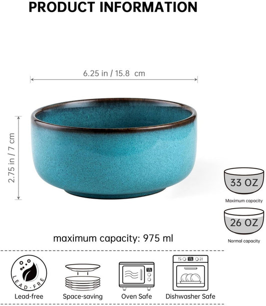 Henten Home Ceramic Cereal Bowl Set, 26 OZ Noodle Bowls Set of 4, Porcelain Salad Bowls for Kitchen, Reactive Glaze Serving Soup Bowls for Ramen, Oatmeal, Microwave Safe (Aqua)