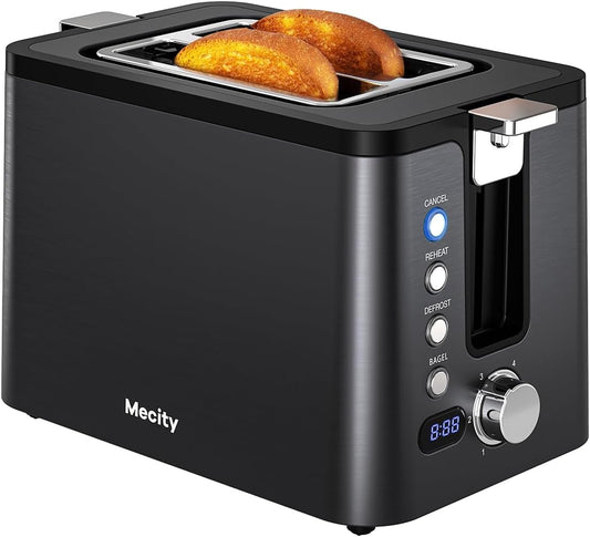 Mecity Toaster 2 Slice Stainless Steel Body, Timer, Bagel, Defrost, Reheat, Cancel Functions, Warming Rack, Removable Tray, 6 Browning Settings, Extra Wide Slots, Bread Toaster, 120V 800W Black