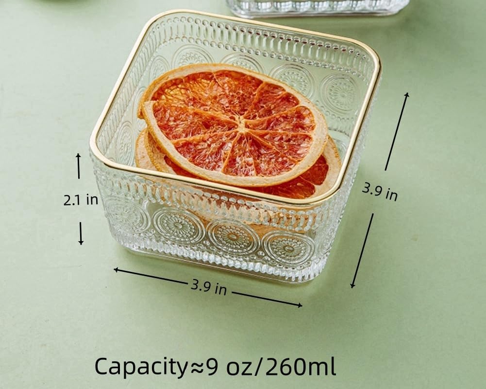 9 OZ Small Clear Candy Dish Vintage Candy Bowl Cute Square Sunflower Glass Bowl for Dessert,Snack,Fruit,Icecream,Yogurt,Dipping,Mini Serving Bowl,set of 2