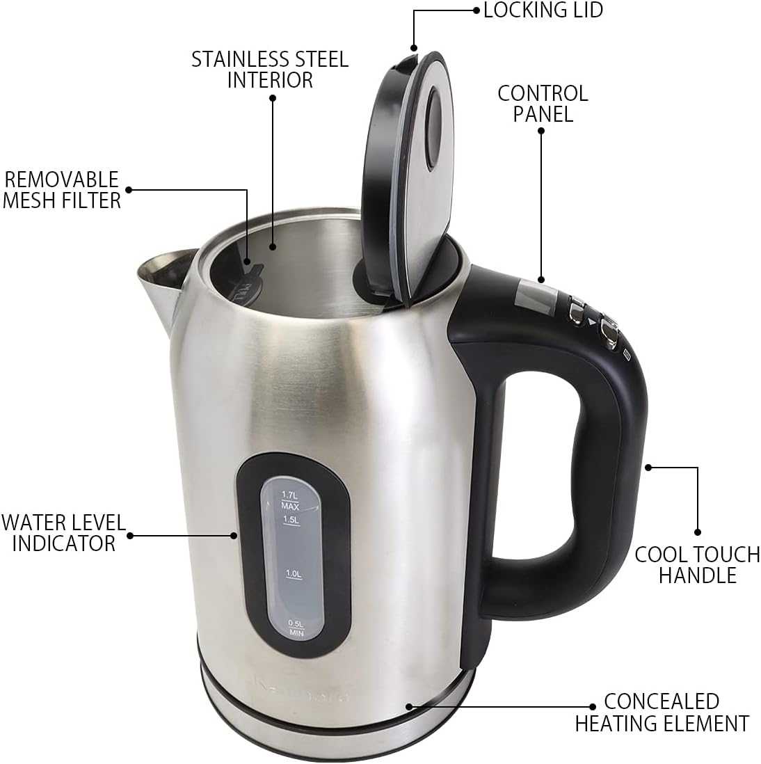 Kenmore Digital Cordless Kettle, 1.7 L / 1.8 Quarts Capacity, Stainless Steel Electric Kettle with Digital Temperature Control, Concealed Heating Element, and Keep Warm Mode