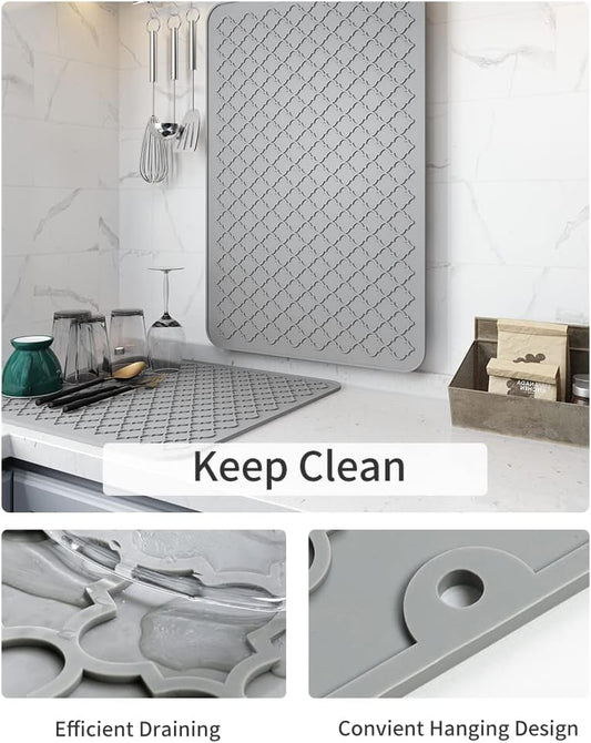 AMOAMI Dish Drying Mat,Heat-resistant,Easy Clean,Silicone Dish Drying Mats for kitchen Counter,Kitchen Gadgets Kitchen Accessories Kitchen Appliances (16" x 24", GREY)