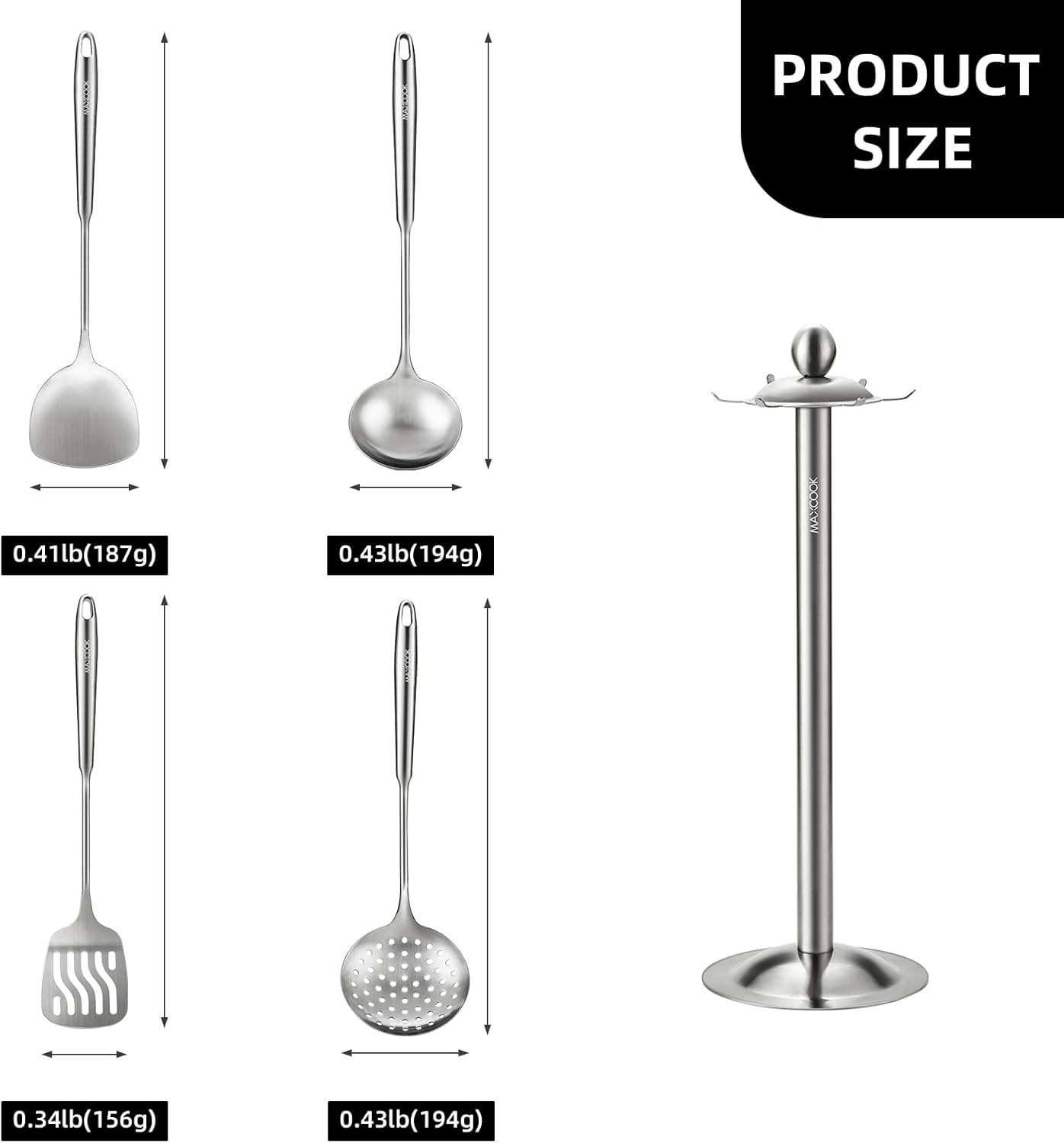 5 Pieces Cooking Utensils set, 18/8 Stainless Steel Kitchen Utensil Set with Rotating Holder (Dishwasher Safe)