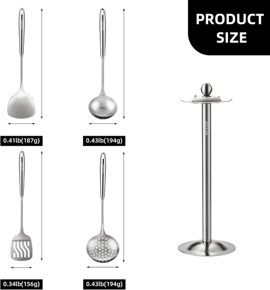 5 Pieces Cooking Utensils set, 18/8 Stainless Steel Kitchen Utensil Set with Rotating Holder (Dishwasher Safe)
