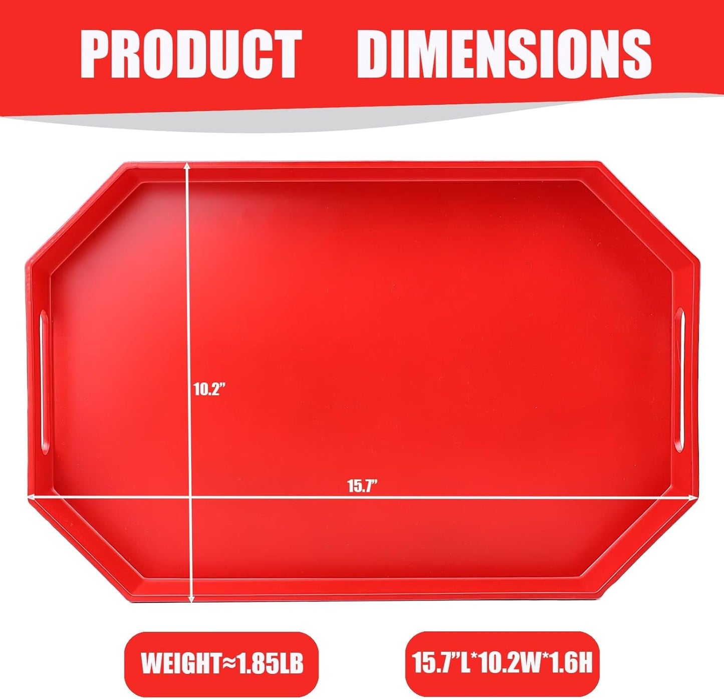 Red Octagonal Serving Tray with Handles for Coffee Table, Plastic Decorative Tray for Ottoman, Kitchen Counter, Living Room, Outdoor Lacquer Tray for Entertaining
