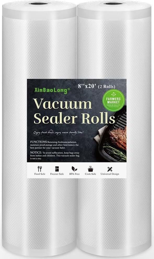 Vacuum Sealer Bags for Food，Seal a Meal Bags Rolls，8inx20 Rolls 2 Pack，XinBaoLong，Commercial Grade, Heavy Duty, BPA Free,Great for Vac Storage