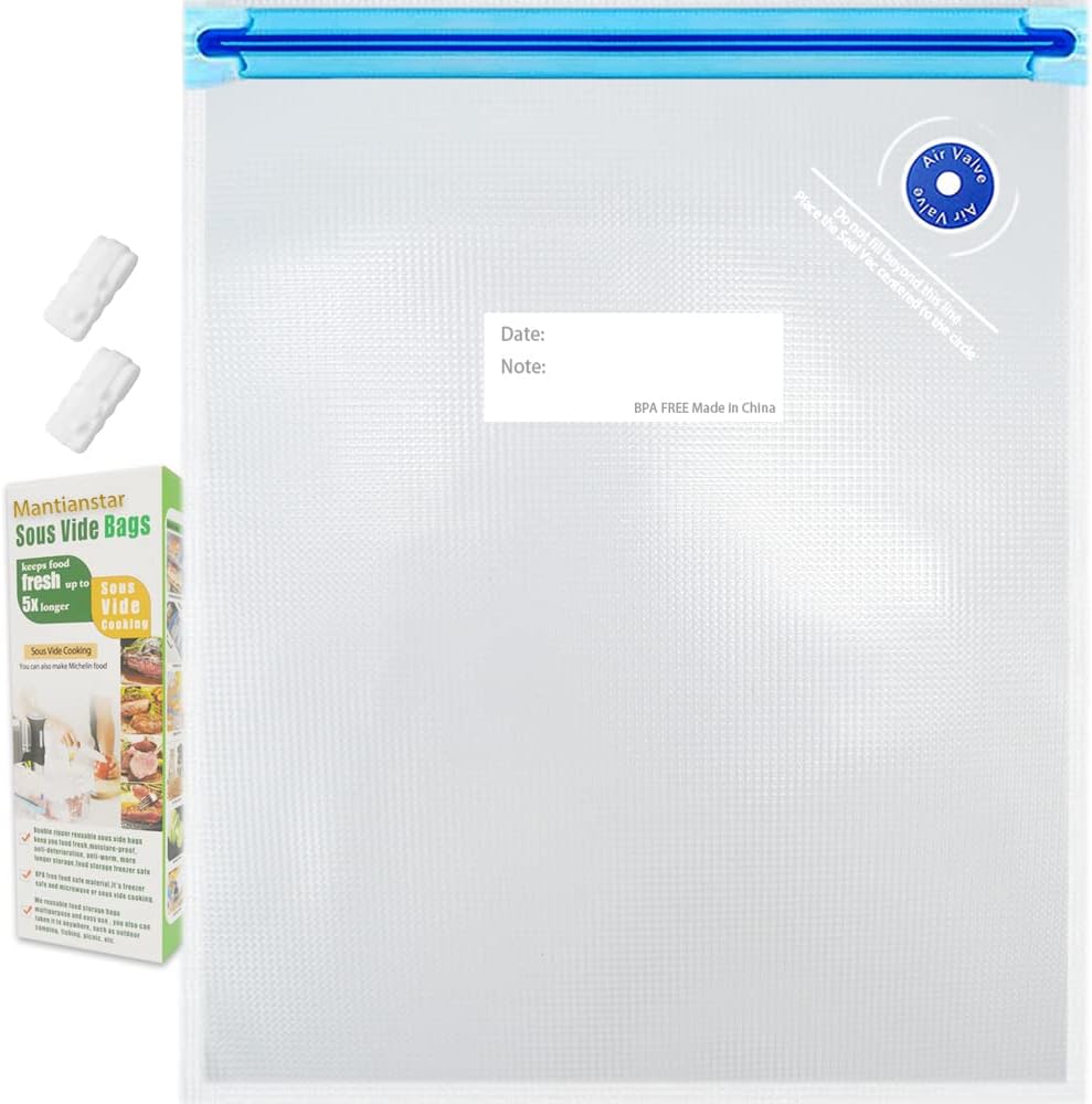 Sous Vide Bags 15pack Large Size 10.2x13.4in/ 26x34cm Food Vacuum Storage Bags, Reusable Vacuum Zipper for Sous Vide Cooking, 4 Sealing Clips for Food Storage and Sous Vide Cooking.