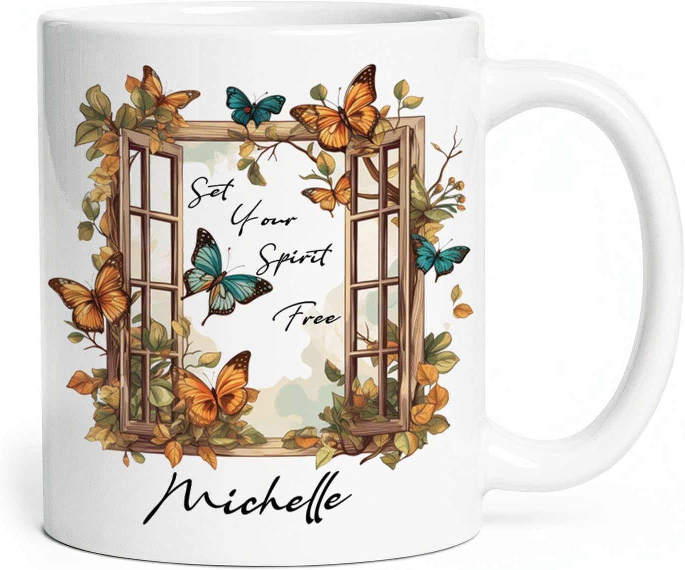 Customized Set Your Spirit Free Travel Mug, Personalized Name On Meaningful Butterfly Coffee Cup Presents For Kids, Custom Cute Animal Tea Cup For Friends Who Love Butterfly