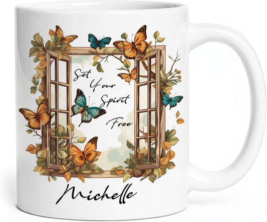 Customized Set Your Spirit Free Travel Mug, Personalized Name On Meaningful Butterfly Coffee Cup Presents For Kids, Custom Cute Animal Tea Cup For Friends Who Love Butterfly